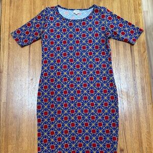 LuLaRoe Julia Midi Dress with Blue and Red Geometric Design